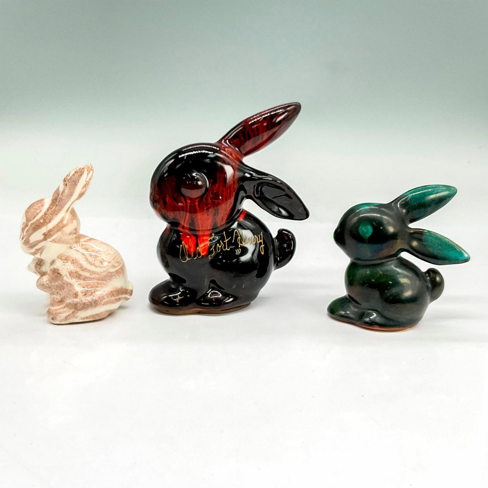 3pc Earthenware and Ash Figurines, Rabbits (1 of 3)