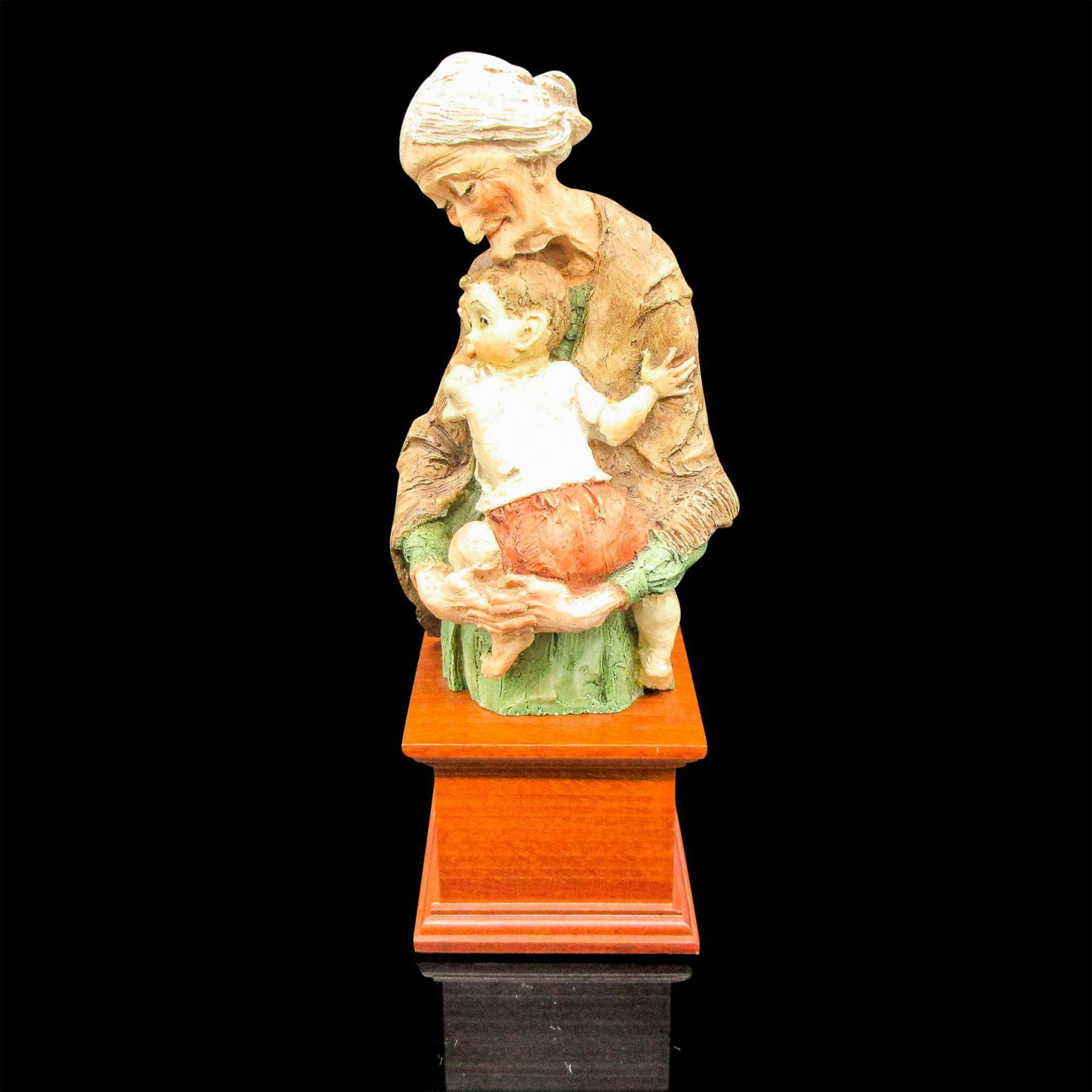 Rustic Ceramic Grandmother and Child Figure on Wood Base (1 of 3)