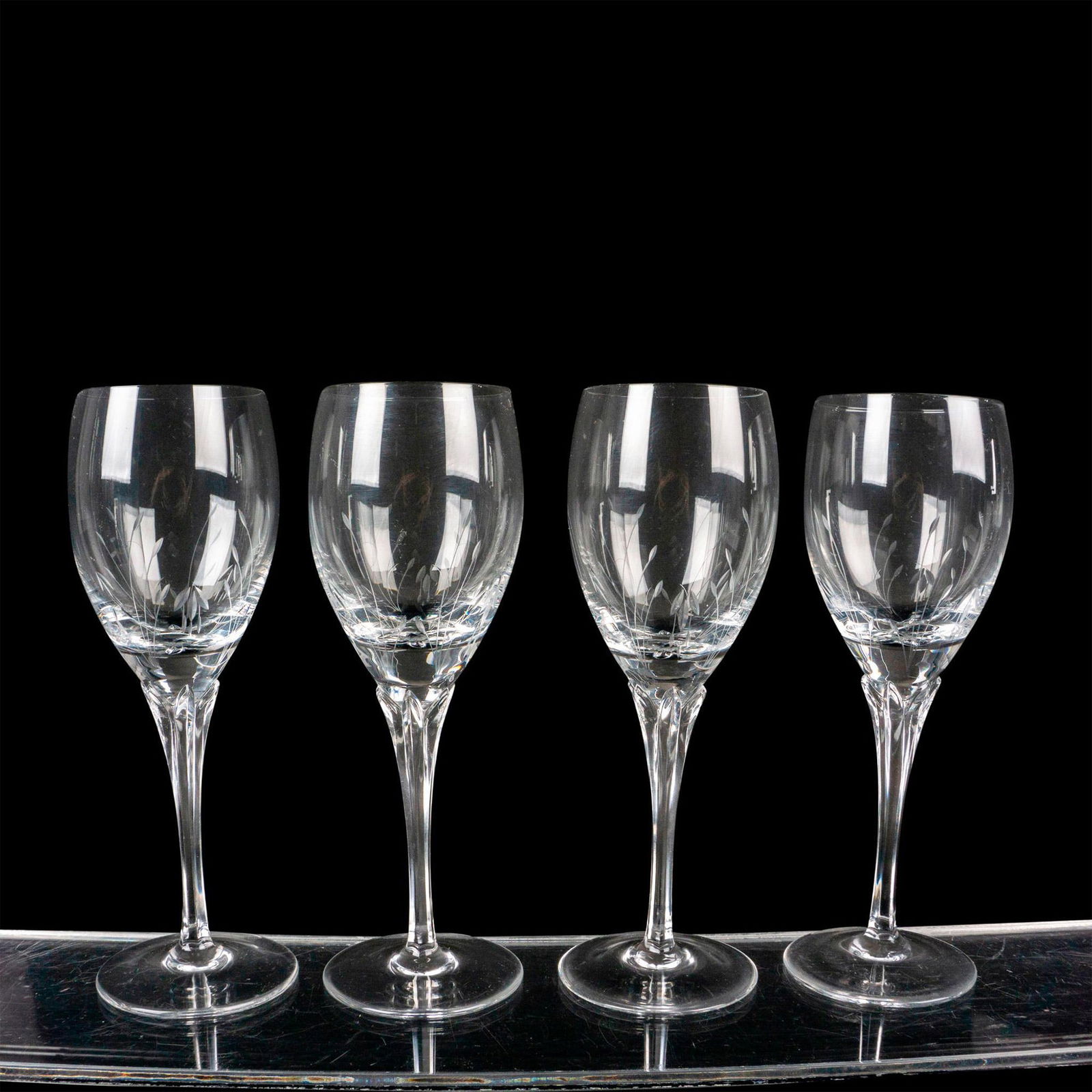 4pc Gorham Crystal Sherry/Dessert Wine Glasses, Jolie: 4 Gorham crystal sherry or dessert wine glasses in the Jolie pattern. Issued: 1983-1993 Dimensions: 2.75"L x 2.25"W x 7.5"H Manufacturer: Gorham Country of Origin: United States