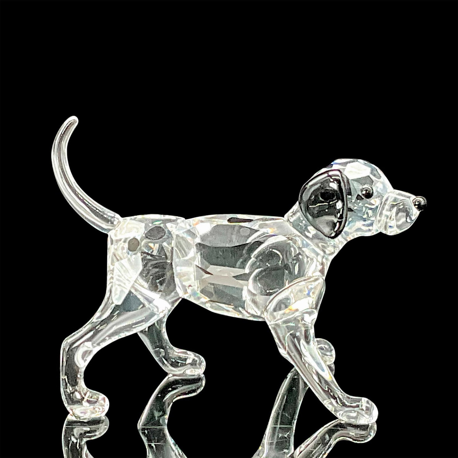 Swarovski Crystal Figurine, Dalmatian Puppy 628947: This Swarovski crystal Dalmatian puppy was part of The Peaceful Countryside. The puppy has black ears, nose, eyes and body spots, the rest of the piece is made from clear crystal. Swarovski etched bac
