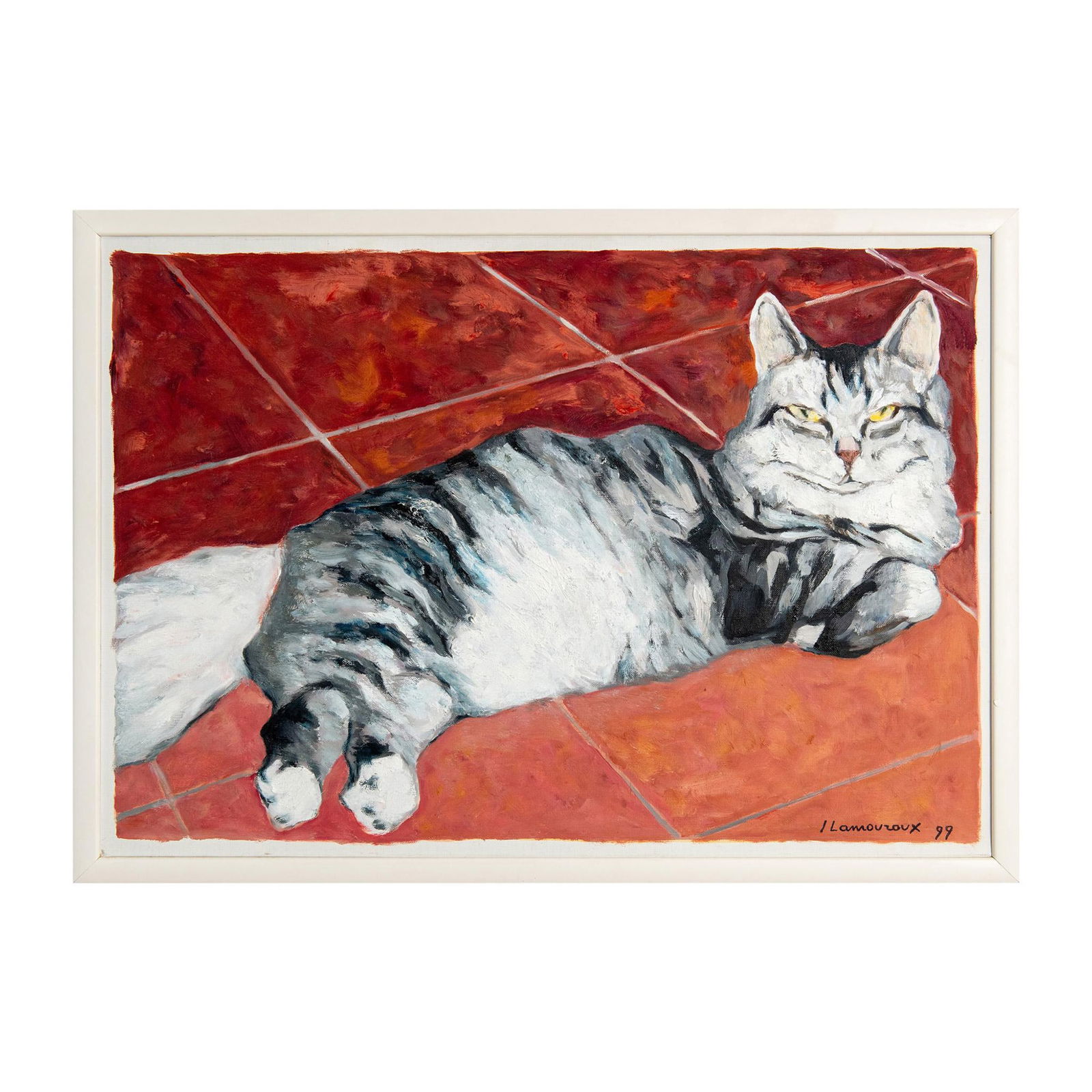 Jean Lamouroux (French, 1933-2008) Oil Painting, Signed: Post Impressionist style painting on canvas of a gray tabby on a red tile floor. The artist captured this tabby's form perfectly with impasto style brushwork paired with realistic features; giving lif
