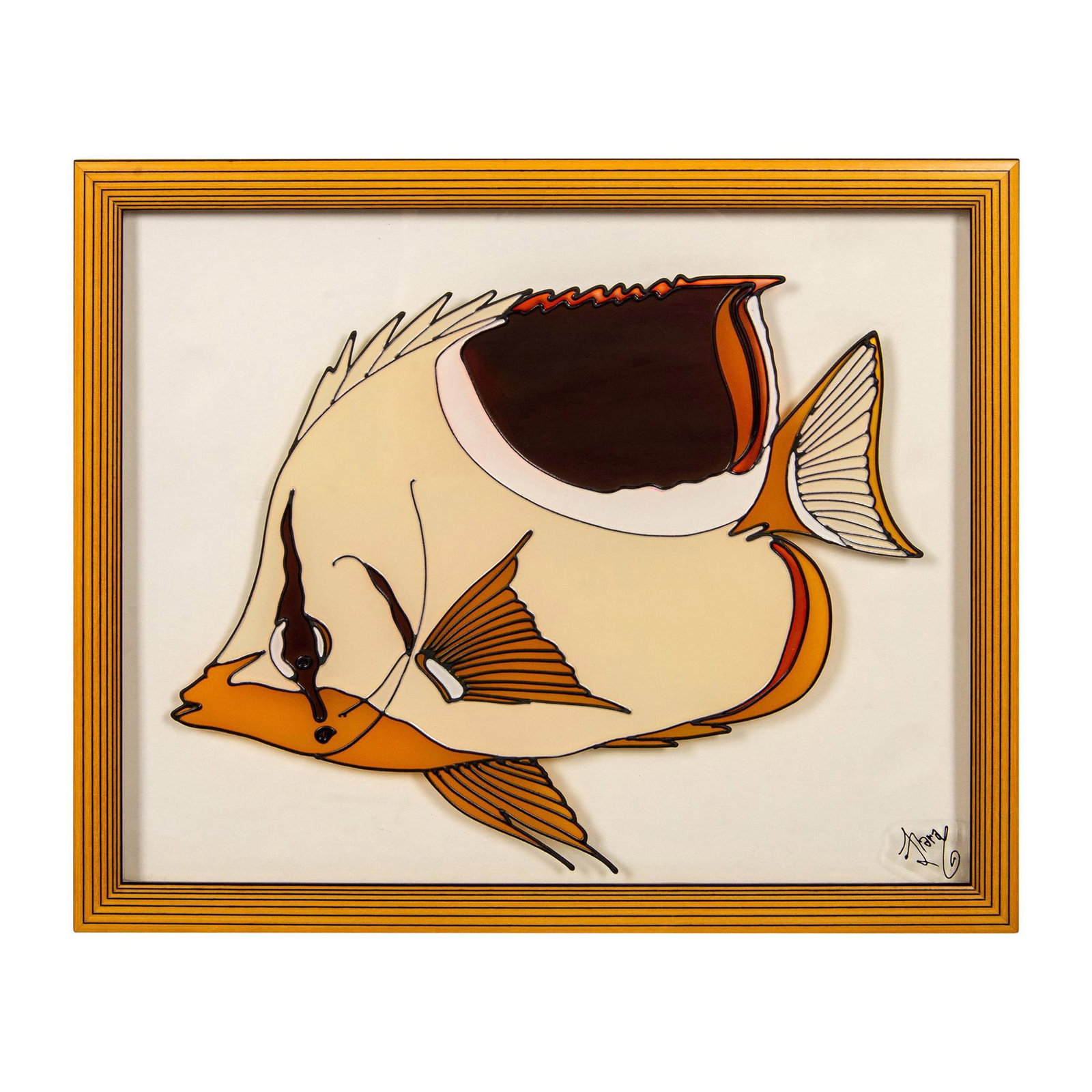 Framed Stained and Painted Glass Art, Tropical Fish, Signed: Framed stained and painted glass that depicts a large saddle butterflyfish in ochre, caramel, white, and brown colors delineated by lead filaments. Signature on the lower right: Illegible. Housed in a