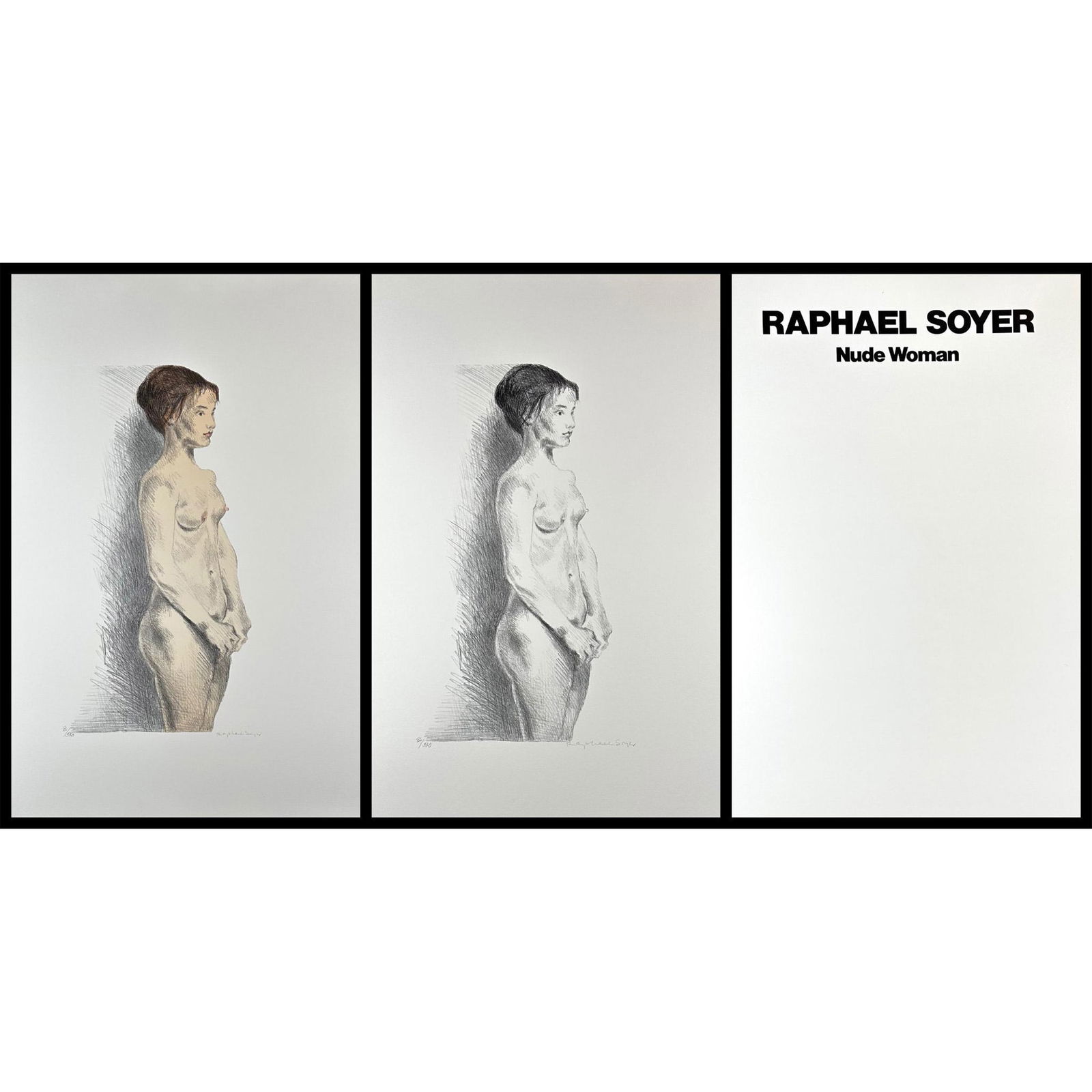 Raphael Soyer (1899-1997) Lithograph Nude Woman 2 Piece Portfolio, signed: 2 Lithographs titled Nude Woman Portfolio. 2 lithographs, 1 printed in color and 1 printed in black and white with original portfolio cover. Both pieces are Signed bottom right matched numbered 94/300