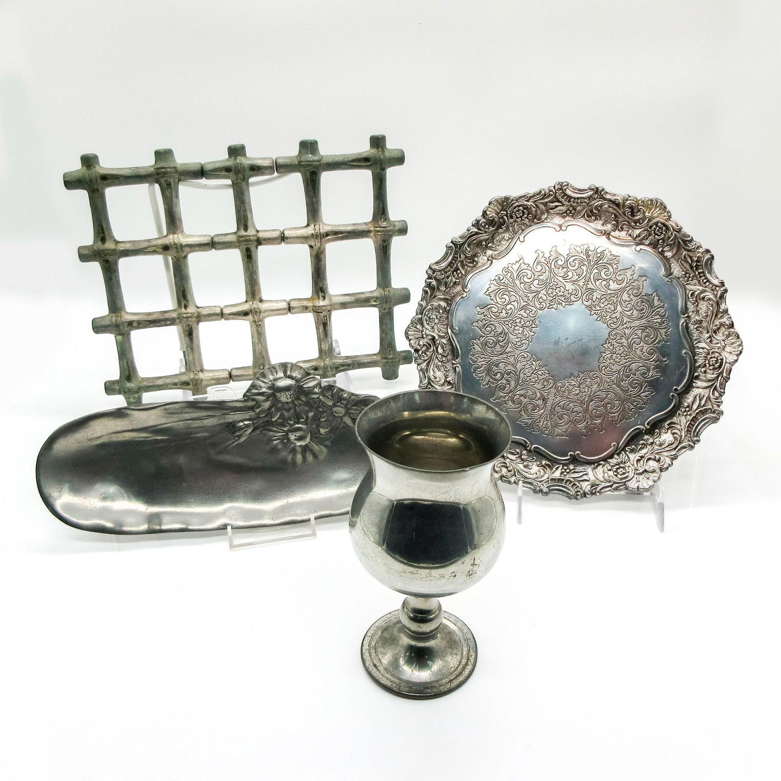 4pc Vintage Pewter Silver Trays And Goblet Set (1 of 3)