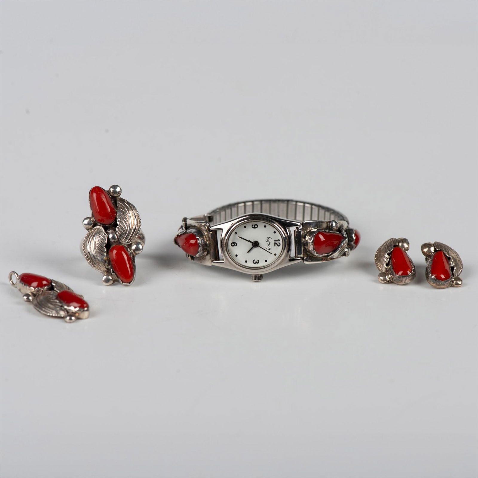 4pc Zuni Sterling and Coral Earrings, Ring, Watch, & Pendant (1 of 9)