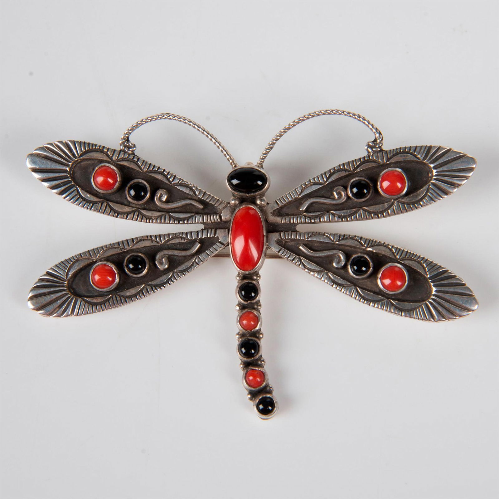 Lee Charley Sterling Silver Coral & Onyx Brooch-Pendant (1 of 2)