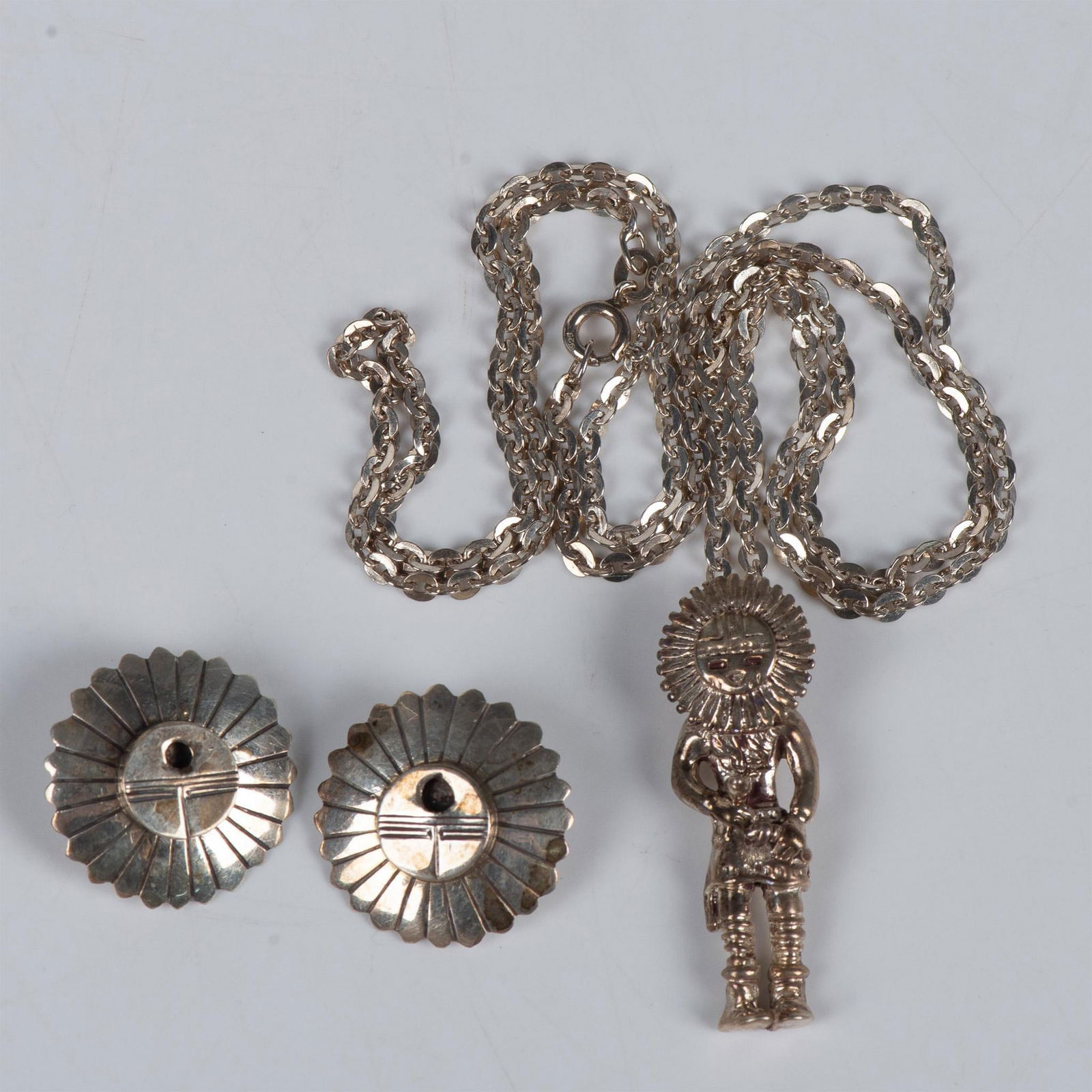 2pc Zuni Sterling Silver Sunface Clip-On Earrings & Necklace (1 of 4)