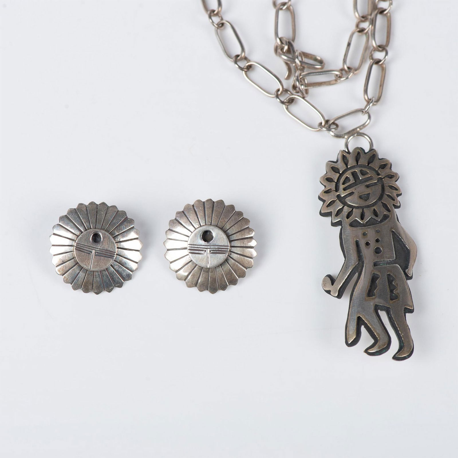 2pc Zuni Sterling Silver Sunface Necklace & Clip-On Earrings (1 of 5)