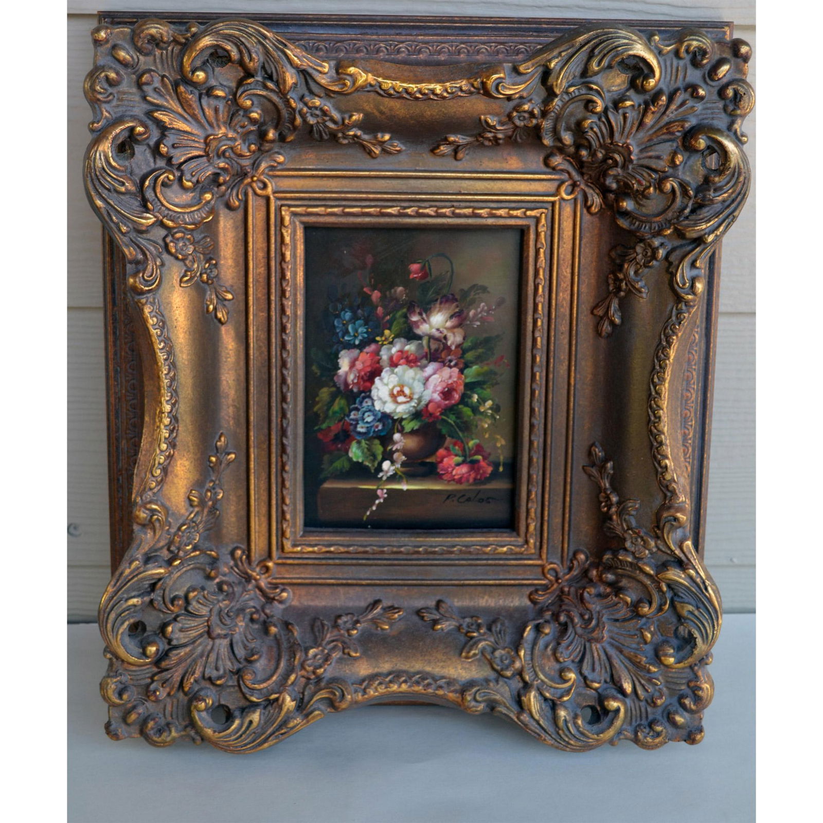 P.Calos Original Oil Floral Painting, Gold Ornate Frame (1 of 4)