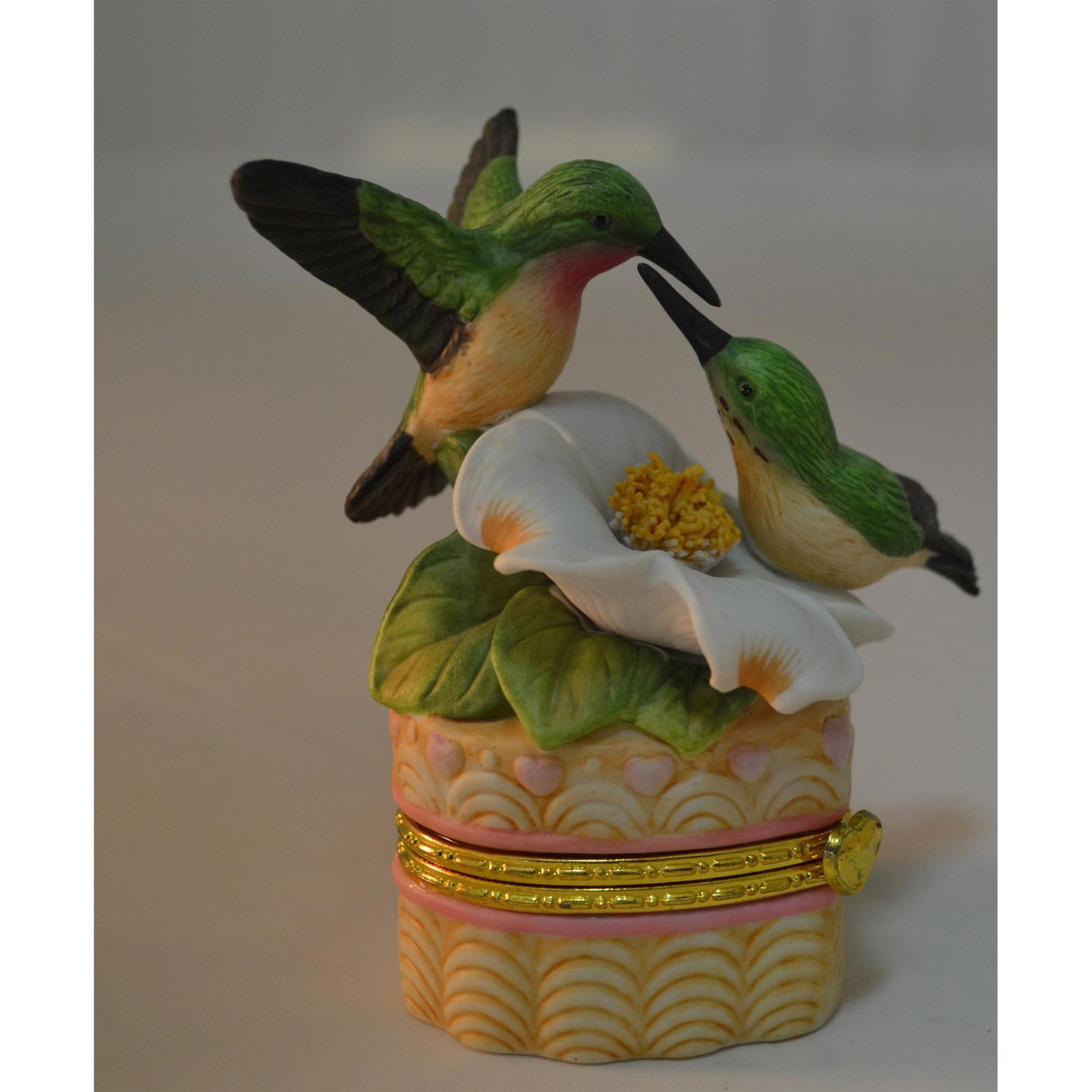 Porcelain Hummingbirds On A Heart Box: Fine Porcelain, Bisque Decorated, featuring a Pair of Hummingbirds on Floral on top of a Heart Box. Fine Detail, Hinged Box, with Scripture. The Hummingbird Club, 2001. Issued by: Crystal Cathedral Mi