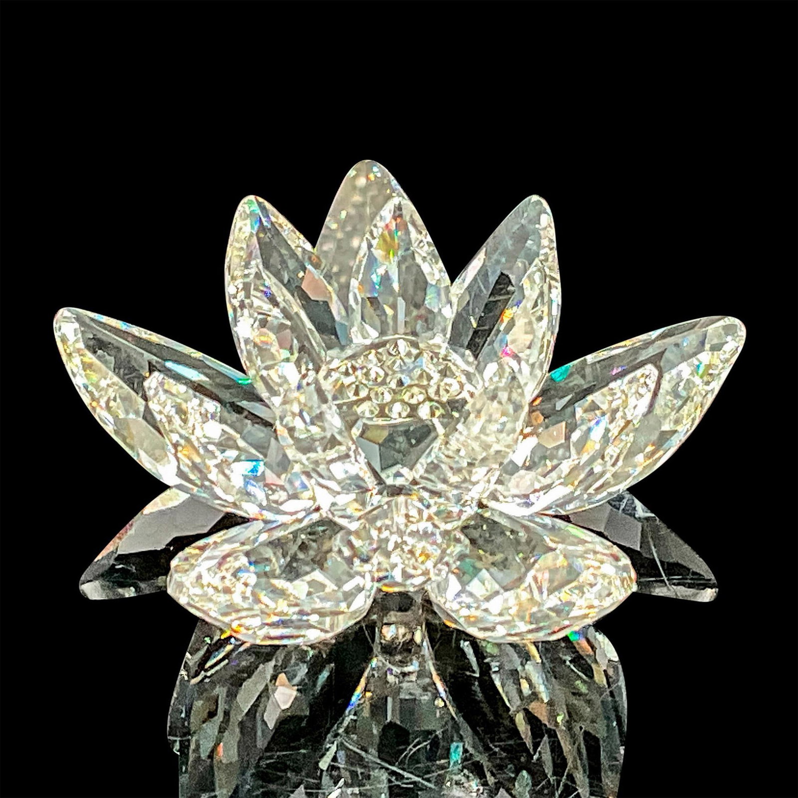 Swarovski Crystal Figurine, Water Lily Small: This small waterlily was part of the Secret Garden group. It is made from clear crystal and has light yellow crystals in the center. Swarovski etched backstamp. This item has its original box which me
