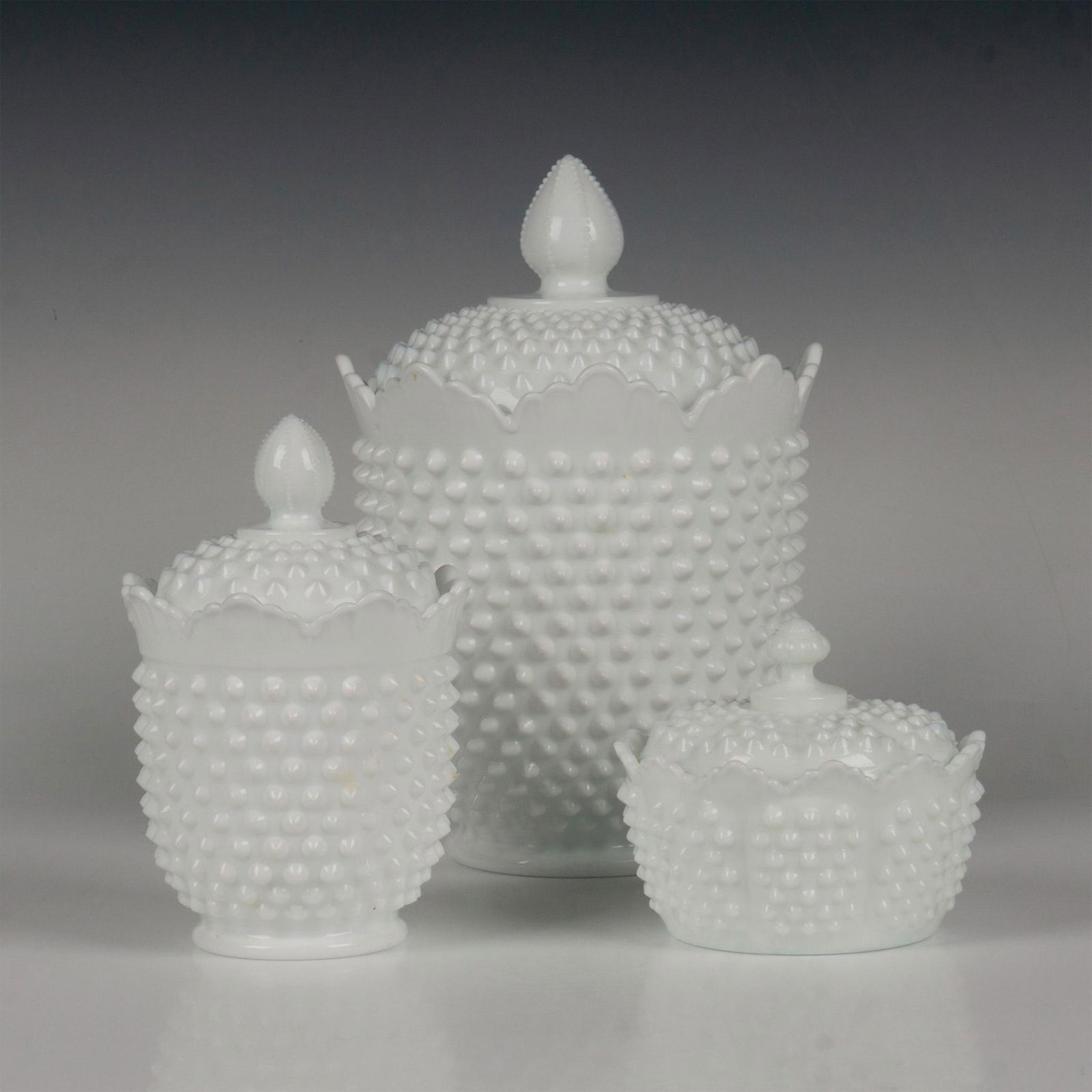 3pc Vintage Milk Glass Lidded Jars, Hobnail (1 of 5)