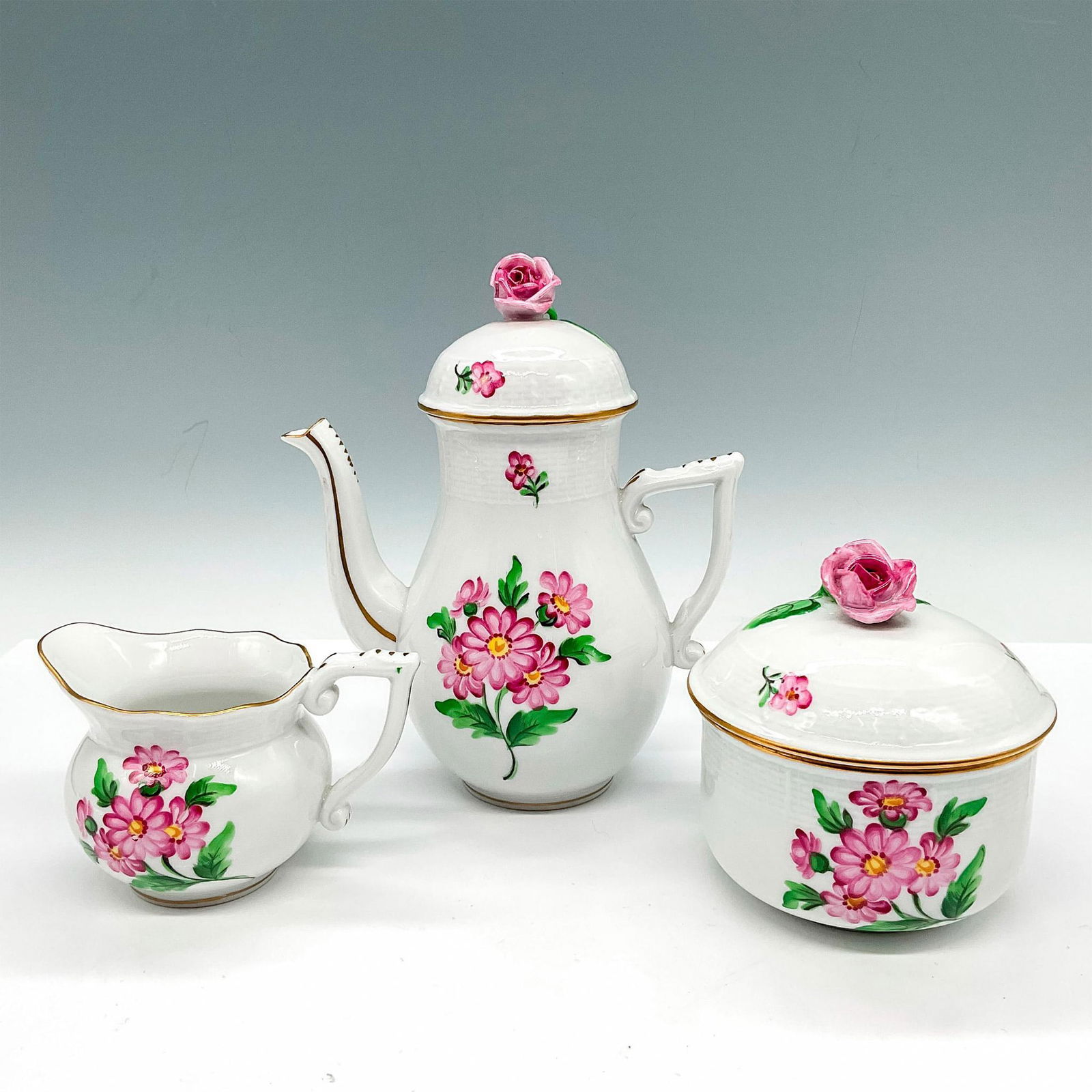 3pc Herend Porcelain Coffee Service Set, Pink Flowers (1 of 3)