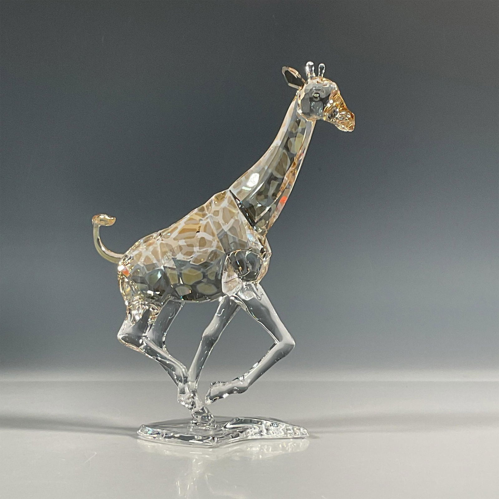Swarovski Crystal Figurine, Running Giraffe: This lead crystal giraffe is part of the Rare Encounters collection. It gallops, capturing ones attention with its partially coated body in the desert glow effect. Signed and dated by artist. Swarovsk