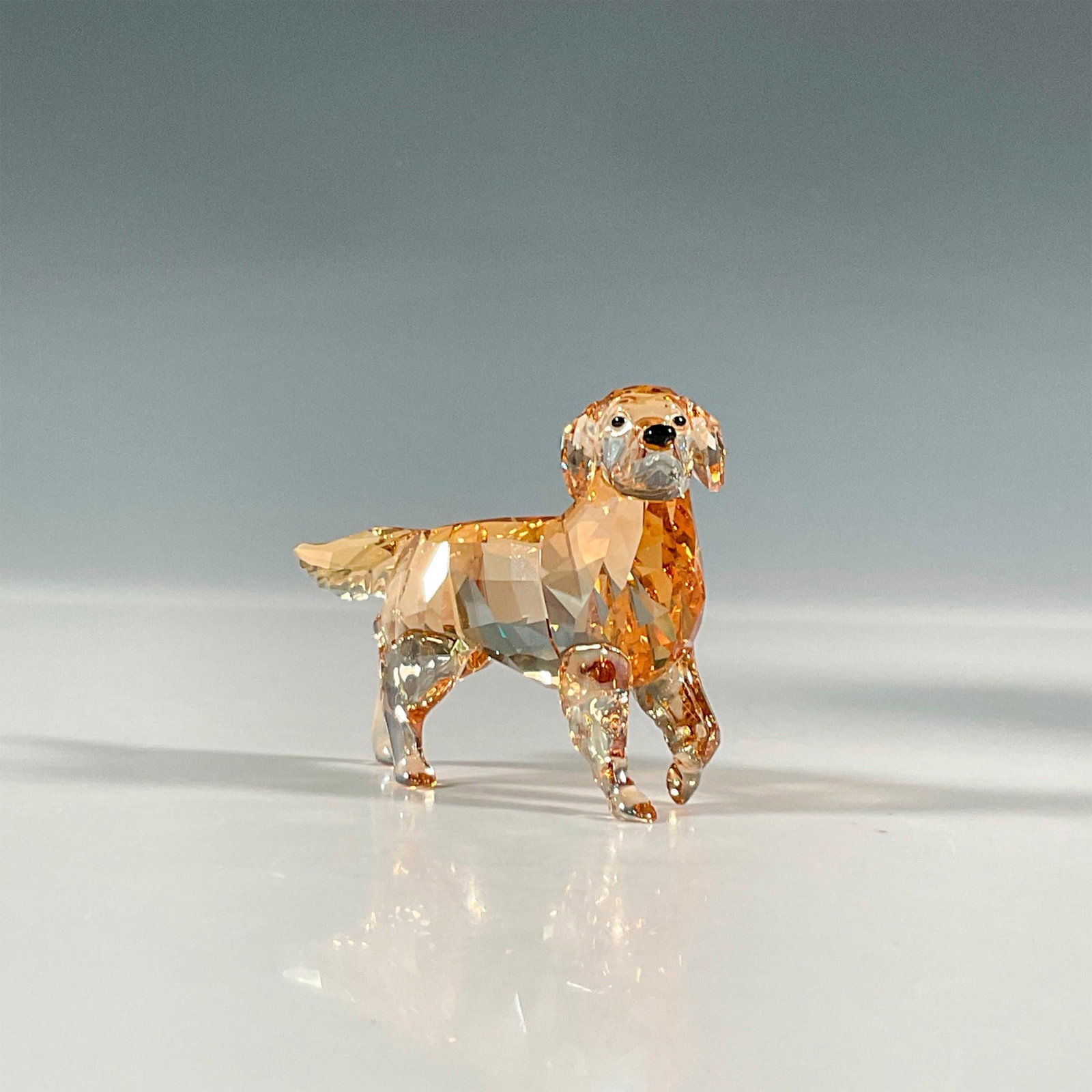Swarovski Crystal Figurine, Golden Retriever Mother: A golden-colored crystal figure of an adult golden retriever standing attentively with one paw slightly bent. Swarovski backstamp. This item has its original box. Dimensions of the original box: 6.25"