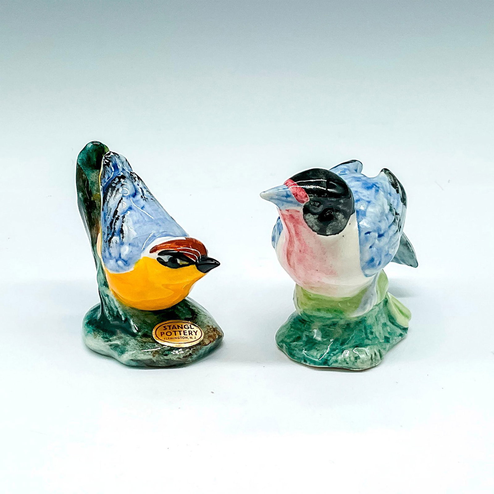 2pc Stangl Pottery Figurines, Nuthatch and Red Faced Warbler: Includes sitting bird colored in blue with black head and tips of feathers with red face - 3594 1.75"L x 4"W x 3"H and sitting bird with tail up colored in bright yellow with blue and black accents - 