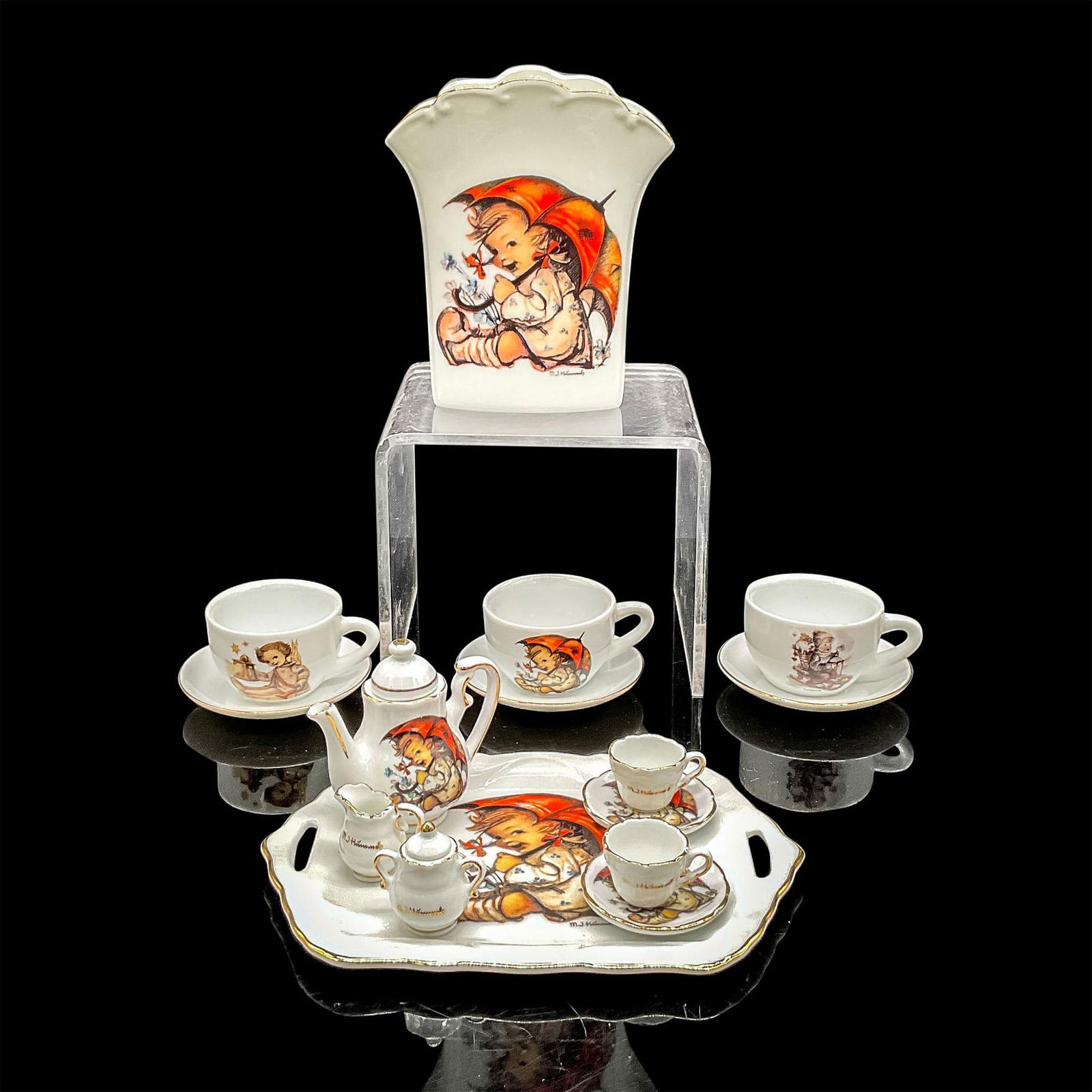 12pc Goebel Hummel Mini Tea Set, Cups + Saucers, Vase (1 of 10)