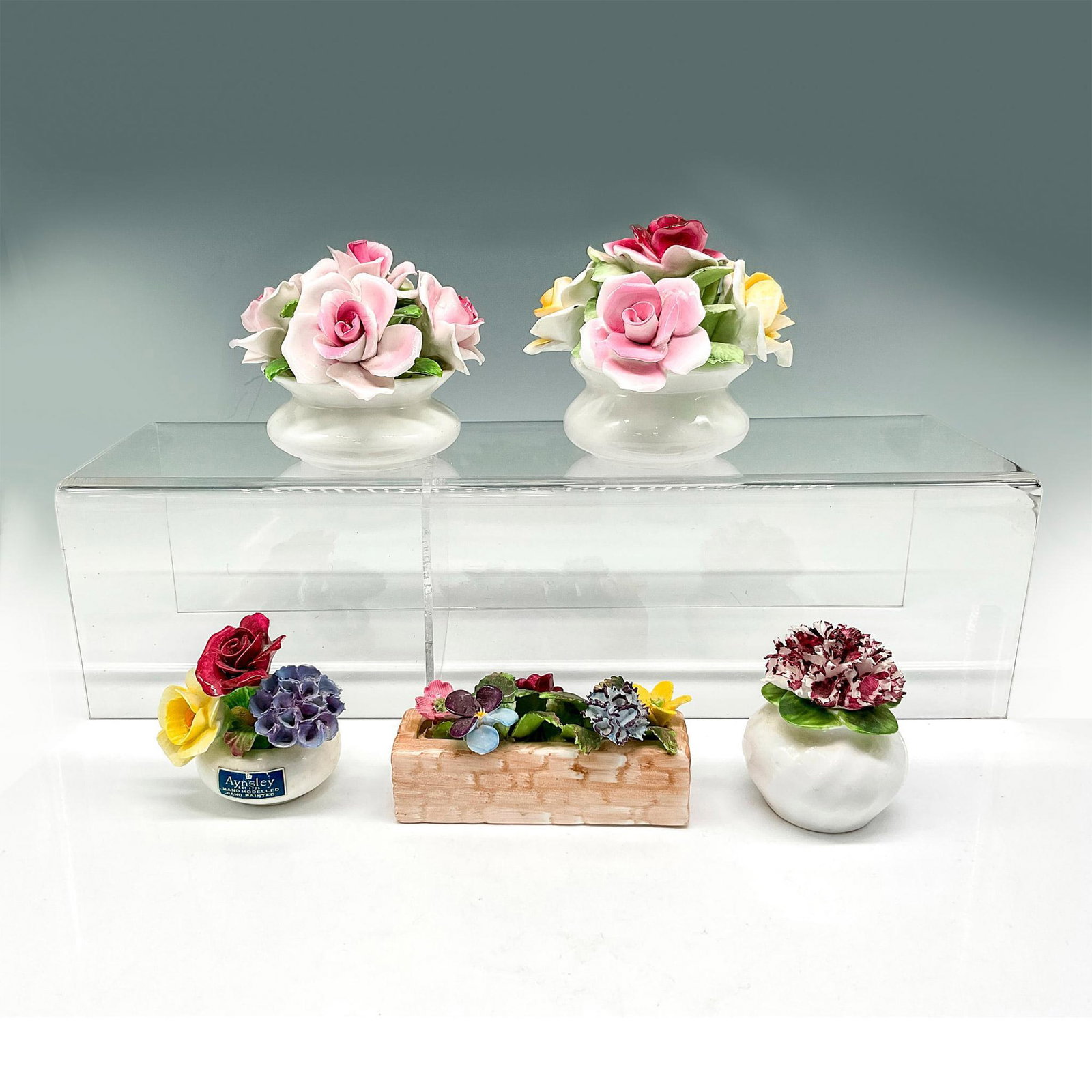 5pc Aynsley, Royal Adderley & Strafford Bone China Florals: Includes 2 beautiful bulb vase design with florals from Royal Stratford and Aristocrat florals, Aynsley small vase design with flowers, Royal Adderley window box with flowers and bulb vase with flower