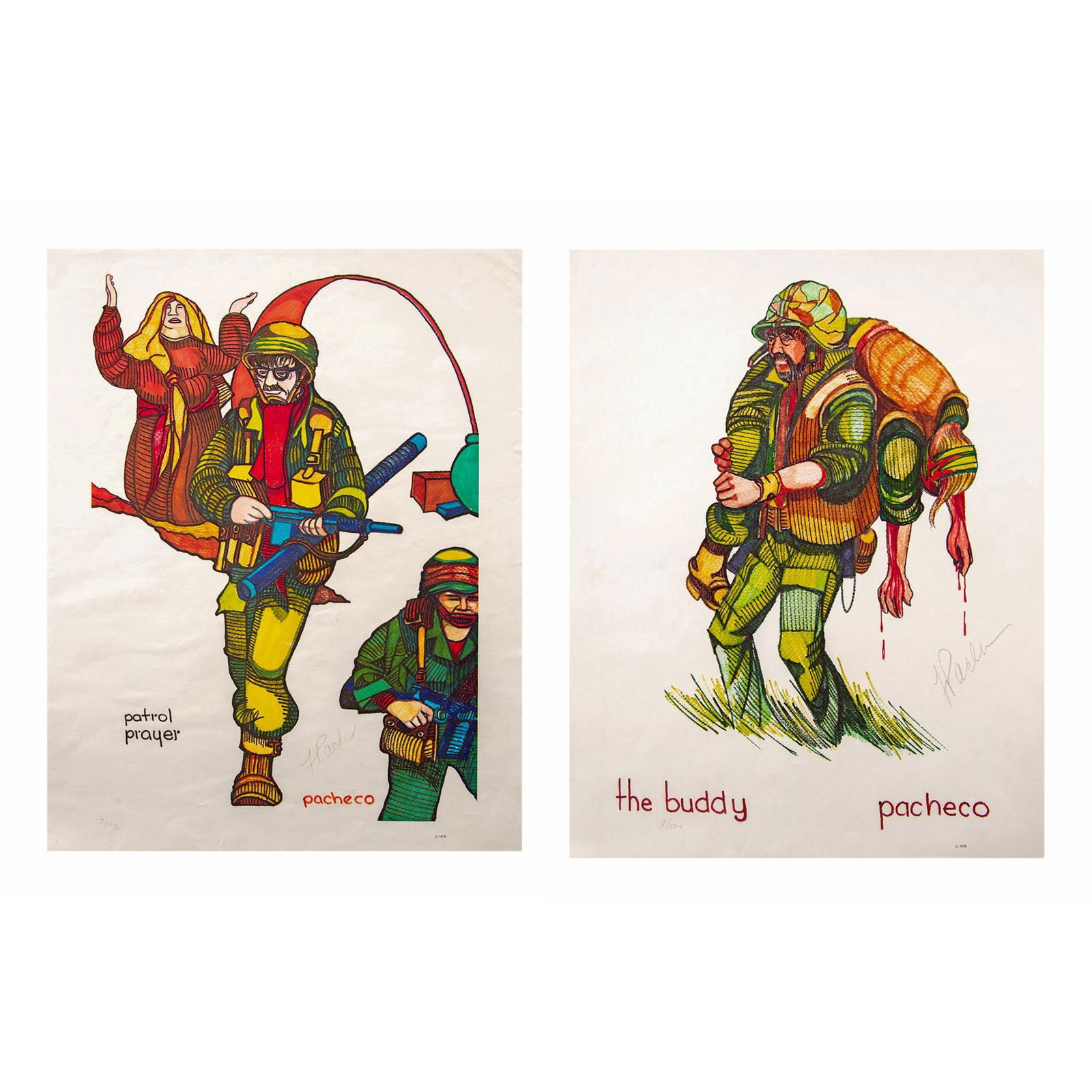 Pacheco, Two Original Lithographs on Paper, War, Signed (1 of 8)