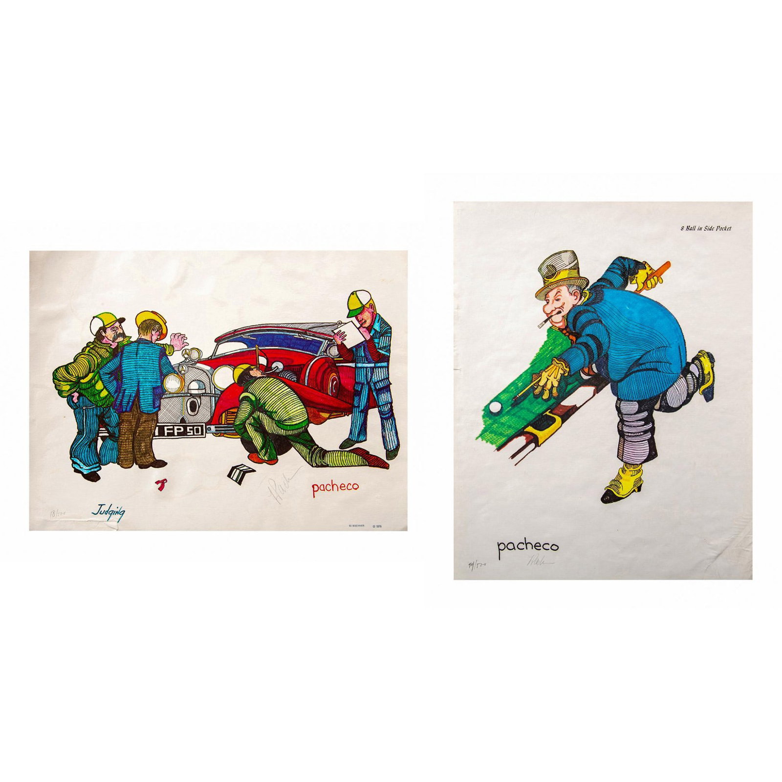Pacheco, Two Original Color Lithographs on Paper, Signed: Set of two hand-signed color lithographs on paper by artist Ferdie Pacheco (The Fight Doctor), also known as physician and cornerman to heavyweight boxing champion Muhammad Ali. The lithographs are en