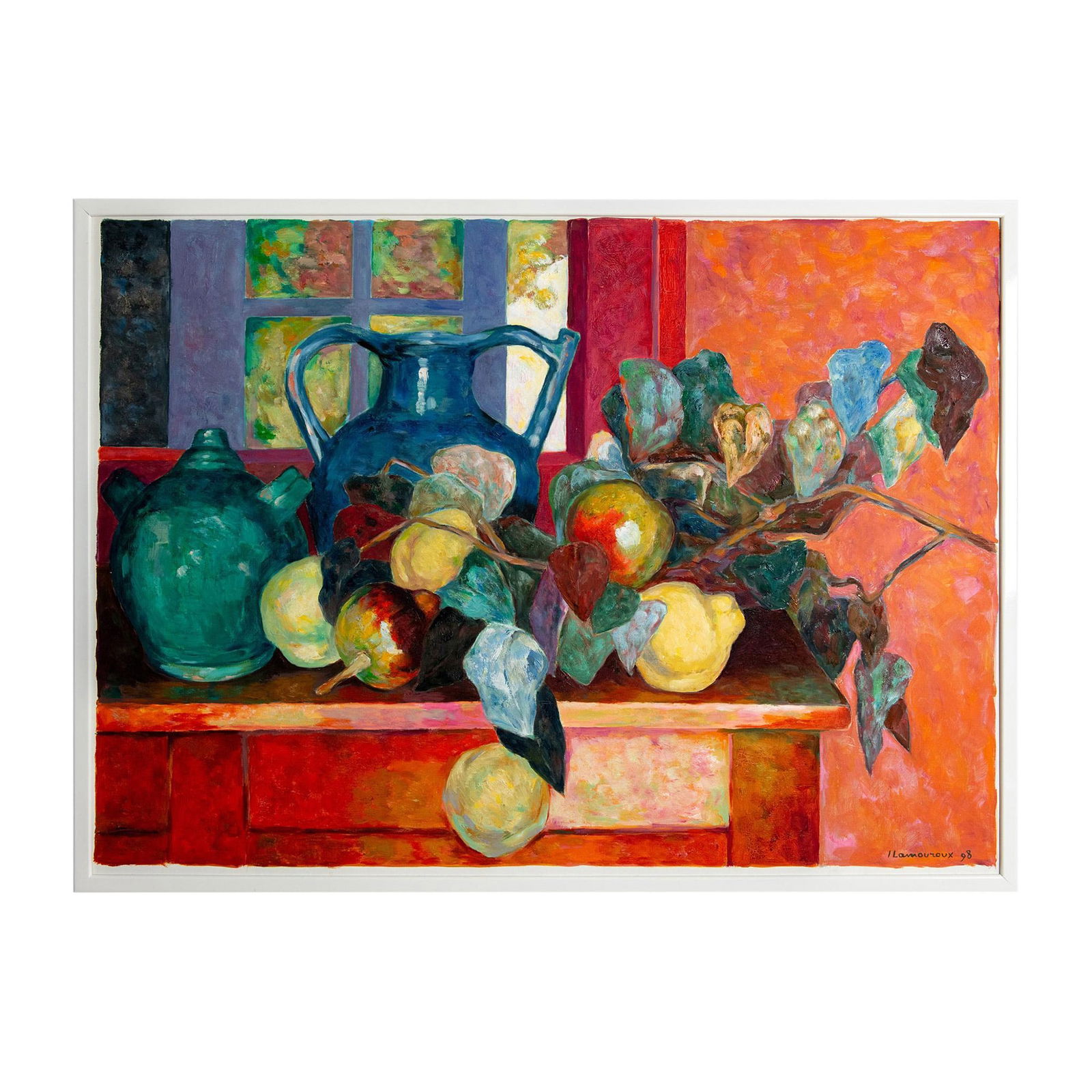 Jean Lamouroux (French, 1933-2008) Oil Painting, Signed: Post Impressionist style painting on canvas by Postwar and Contemporary artist Jean Lamouroux. Painting depicts a colorful still life setting of fruits and vases in front of a window. Signed by artist