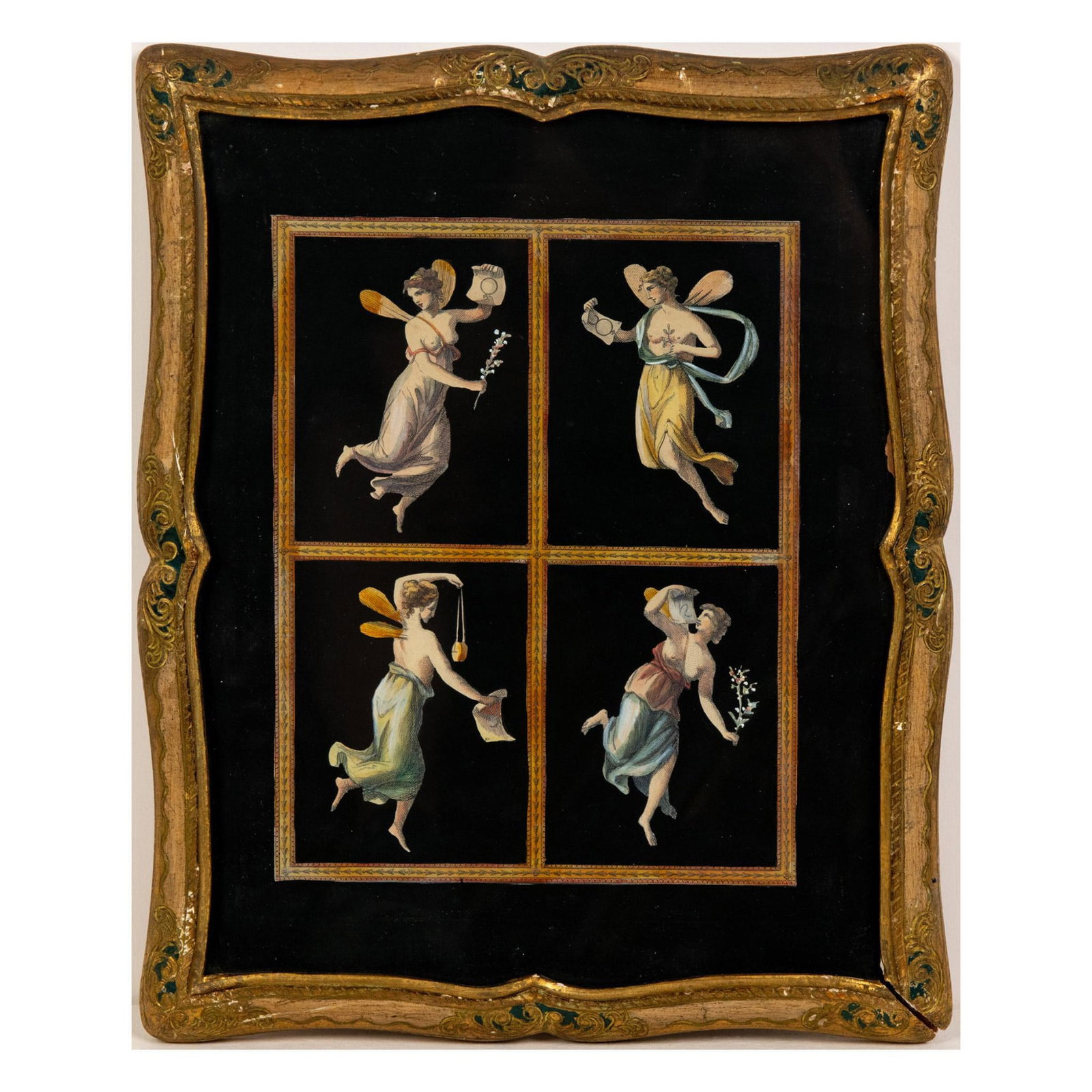 Michelangelo Maestri (Style of), Hand-Painted Engraving: Outstanding watercolor and gouache hand-painted engraving on paper in the style of Michelangelo Maestri that depicts four Neo-Classical allegories set on a black background. They are reminiscent to Ro