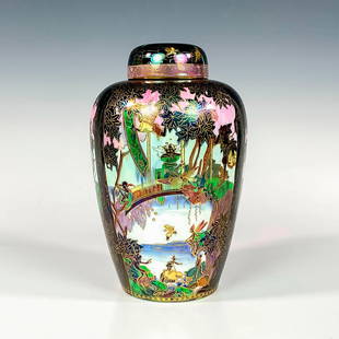 Wedgwood Fairyland Lustre Malfrey Pot, Sycamore Tree: Vase shape 2410; decorated with three panel patterns with pink shading to dark lilac: Feng Hwang, Bridge, and Ship And Tree. Cover with Leafy Fairy helpless on the exterior and Elves On A Branch on th