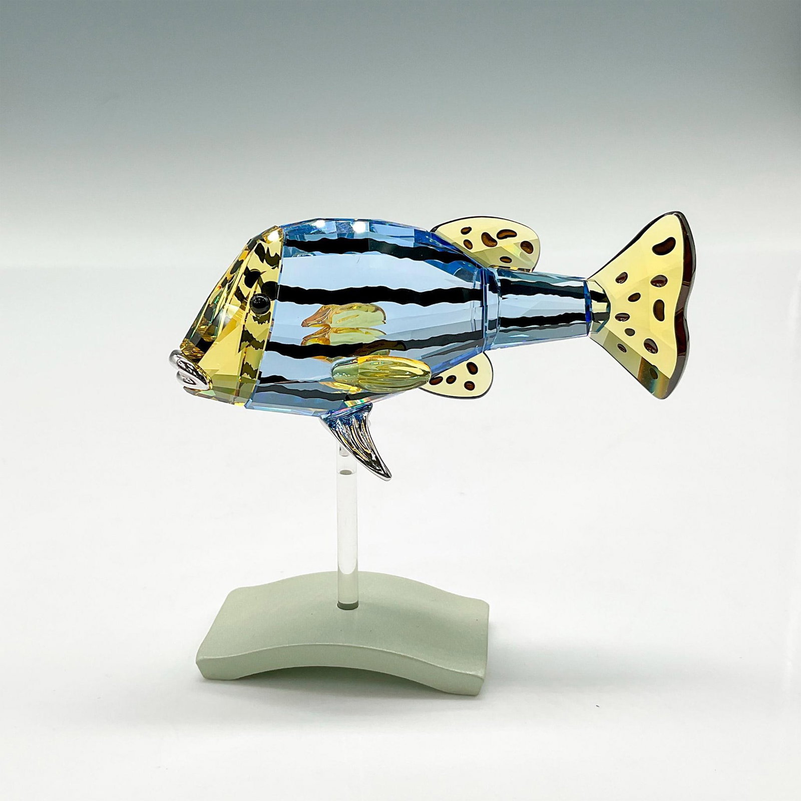 Swarovski Crystal Figurine, Catumbela Light Sapphire: Part of the Exotic Fish and South Sea collection. Colorful figural has light sapphire crystal body with yellow face, fins with rhodium mouth and bottom fins. Swarovski backstamp. 9601 030 801. This it