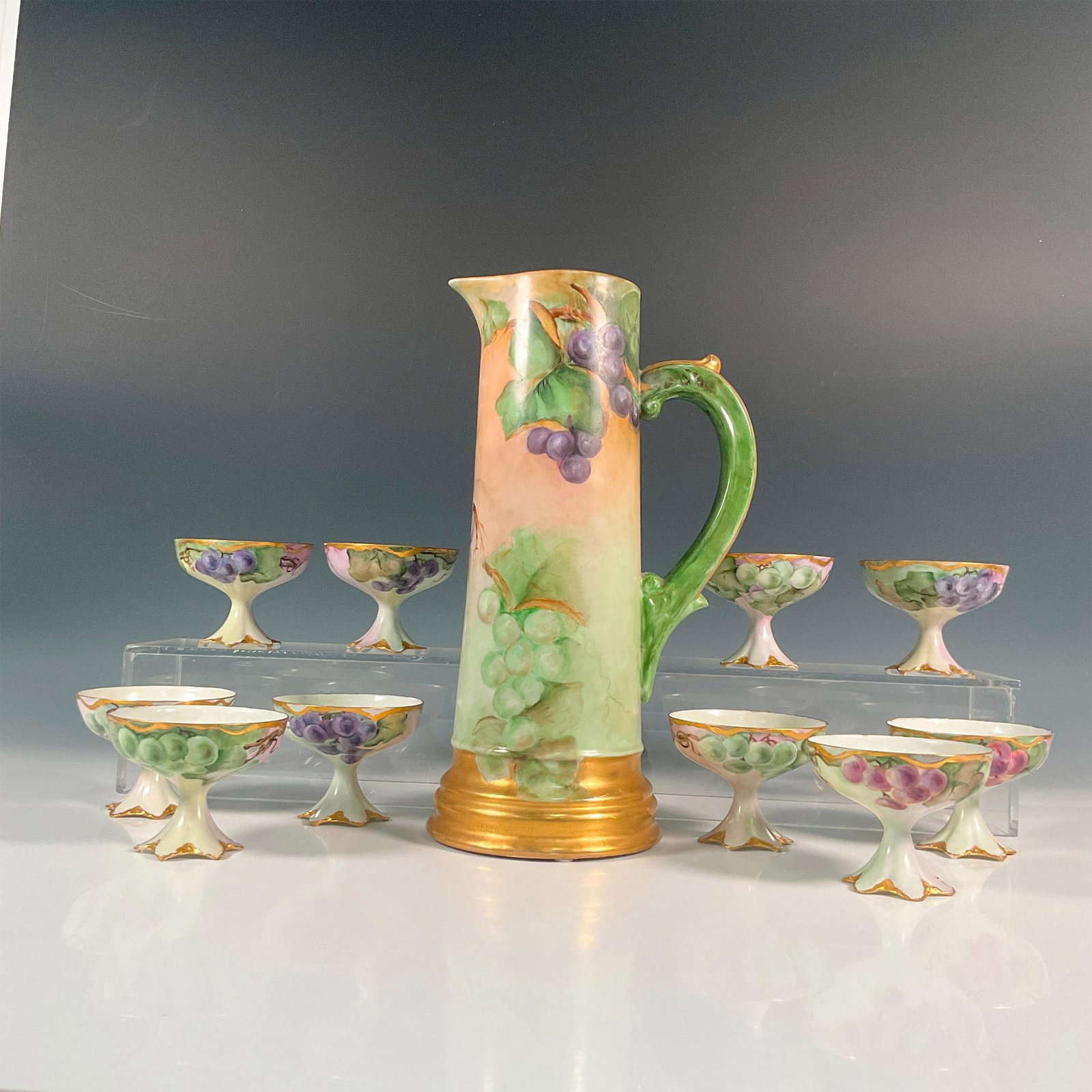11pc Hand Painted Limoges Pitcher and Cups Set, Grapes and Vines (1 of 5)