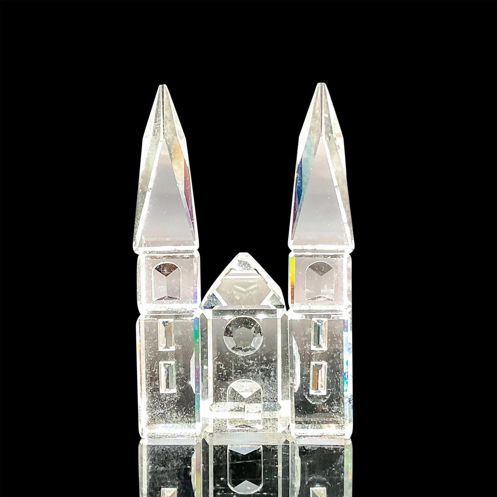 Swarovski Silver Crystal Figurine, Cathedral: Lead crystal part of the Silver Crystal City collection. Swarovski etched backstamp. This item has its original box. Box measures: 3.25"W x 4.75"H. Artist: Gabriel Stamey Issued: 1990-1994 Dimensions: