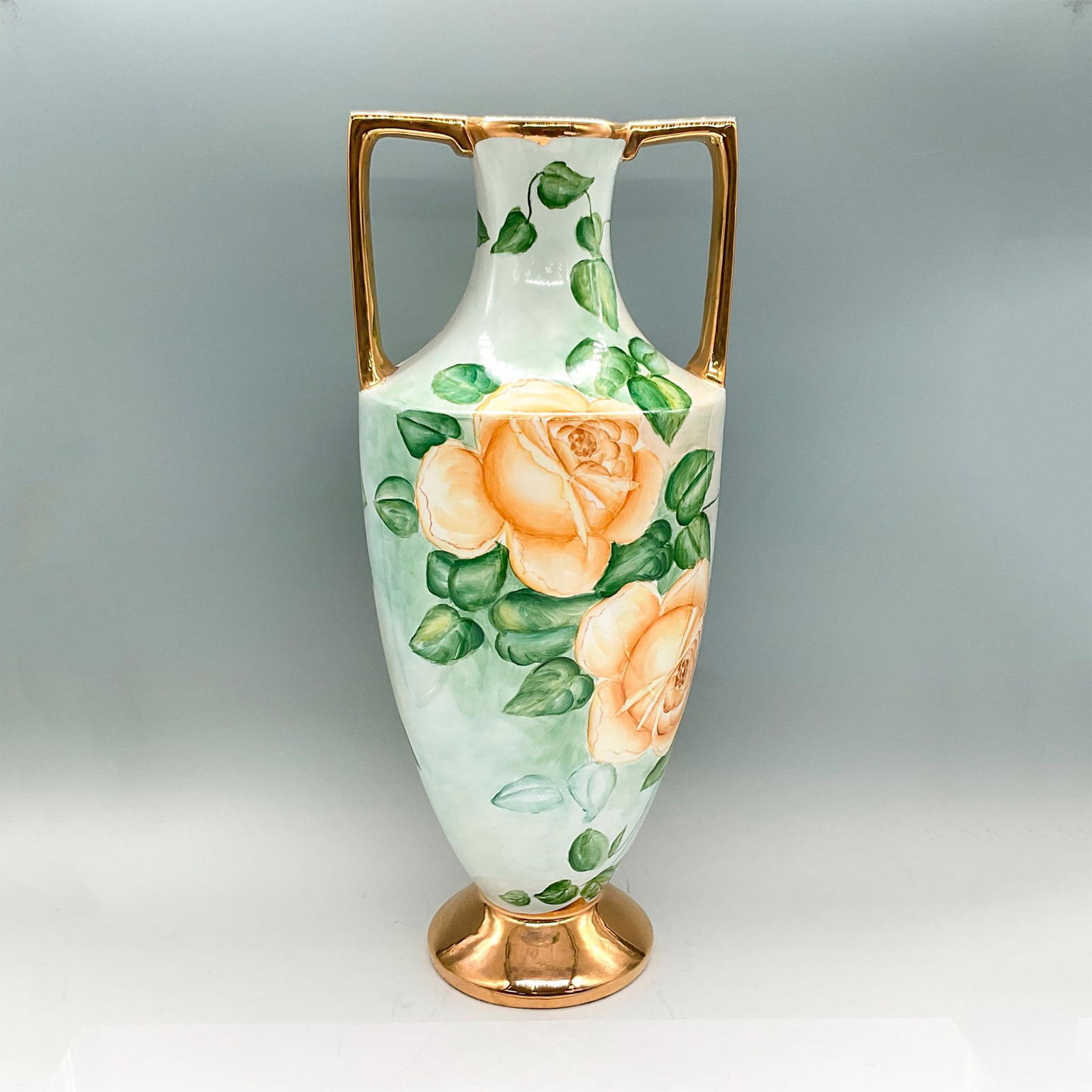 Jean Pouyat Limoges Porcelain Amphora Vase, Peach Roses (1 of 3)