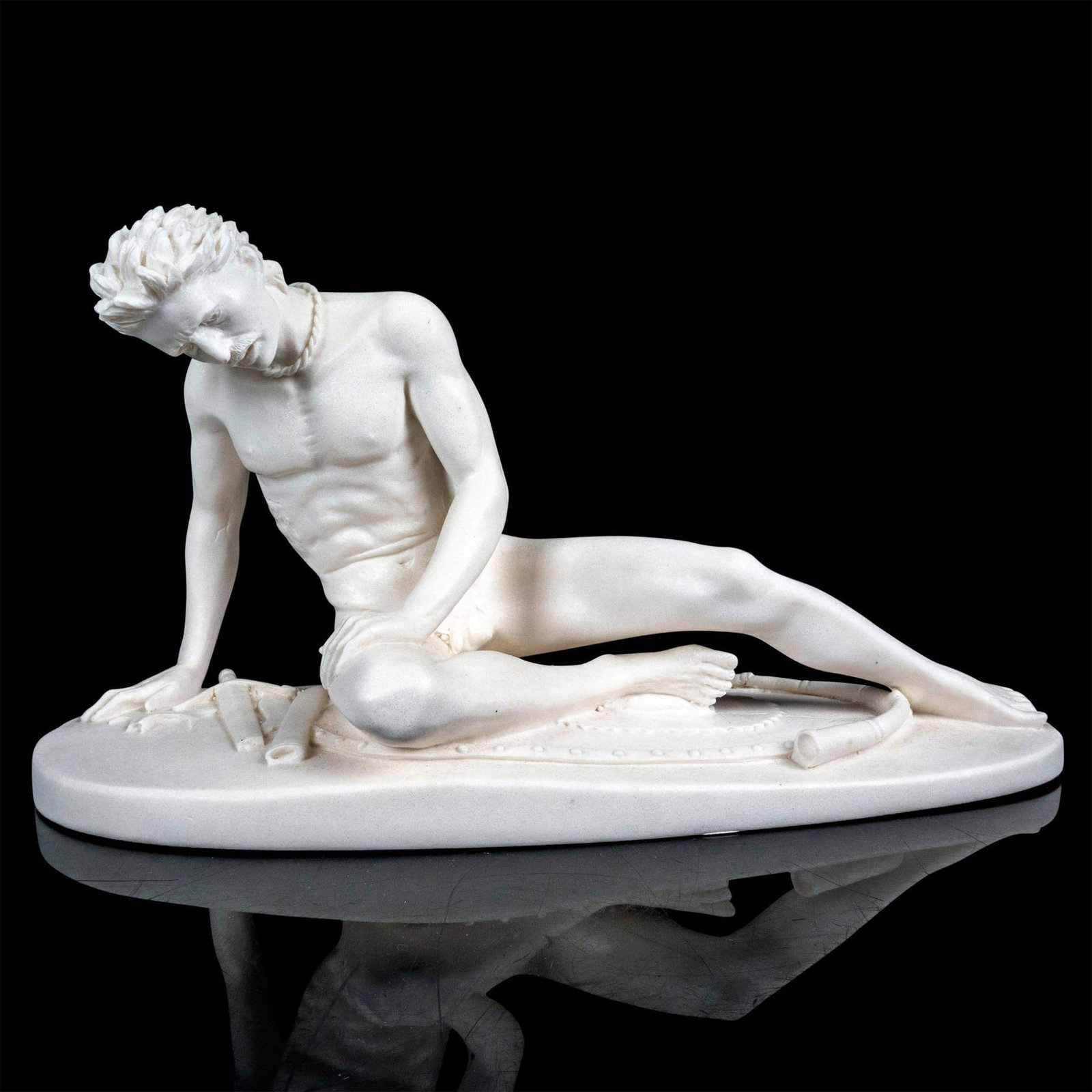 Alabaster Sculpture, Nude Dying Gaul: Gorgeous nude figure of soldier on the ground with his broken sword beside him. Unmarked. Dimensions: 12.5"L x 5"W x 7"H