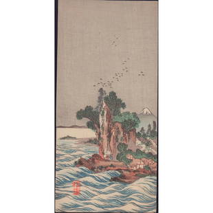 Buncho (Japanese) Woodblock Print, Shichirigahama Zu: A beautiful hand paint color, and ink on paper woodblock vertical print. Edo Period, features a seacoast village and mountain, Mount Fuji in the background. Translated title View of Shichirigahama. Pr