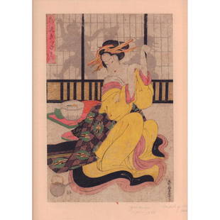 Attributed to Eizan (Japanese) Bijin-Ga Woodblock Print: A beautiful hand paint color, and ink on paper woodblock vertical print. Edo Period, features a geisha, in a yellow kimono, practicing her pose and eyeing a bowl of fruits. Original print can be found