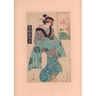 Attributed to Eizan (Japanese) Bijin-Ga Woodblock Print: A beautiful hand paint color, and ink delicate paper woodblock vertical print. Edo Period, features a beautiful geisha, in a yellow floral kimono and a blue obi, staring out the window. Print