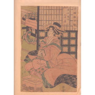 Eizan (Japanese, 1787-1867) Bijin-Ga Woodblock Print: A beautiful hand paint color, and ink woodblock vertical print. Edo Period, features a beautiful courtesan in a flowing pink and green kimono. Print designed by ukiyo-e artist, Kikukawa Eizan. Title