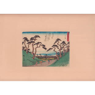 Hiroshige (Japanese, 1797-1858) Woodblock Print, Totsuka: A beautiful hand paint color, and ink on paper woodblock horizontal print. Edo Period, features a group of figures walking on a path with tall trees on the hillsides, a village in the distance. Origin