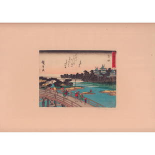 Hiroshige (Japanese, 1797-1858) Woodblock Print, Yoshida: A beautiful hand paint color, and ink on paper woodblock horizontal print. Edo Period, features a group of figures walking across a bridge, a village in the distance, and boats on the river. Original