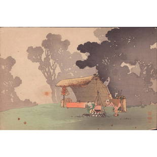 Konen (Japanese) Woodblock Print, Travelers at a Campfire: A beautiful hand painted color, and ink horizontal print. Features a forest landscape of a couple tending to a campfire. Print designed by Uehara Konen (Japanese, 1878-1940). Konen seal, and Kobayashi