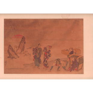 Shunsen (Japanese, 1762-1830) Woodblock Print, Futamigaura: A beautiful hand painted color, and ink on paper woodblock horizontal print. Edo Period, features a couple admiring the twin rock formations (known as the Meoto-iwa) in the ocean, and a woman in a sed