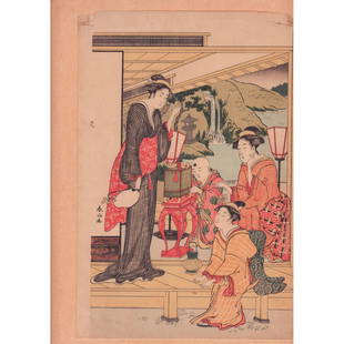 Shunzan (Japanese) Woodblock Print, Garden Play: A beautiful hand paint color, and ink on paper woodblock vertical print. Edo Period, features a family enjoying the summer day. Print designed by ukiyo-e artist, Katsukawa Shunzan (Japanese, active ab