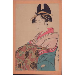 Utamaro (Japanese) Woodblock Print, The Courtesan Miyahito: A beautiful hand paint color, and ink bijin-ga woodblock vertical print. Edo Period, features a courtesan in a pink and blue kimono clutching an ornate cloth. Full title: The Courtesan Miyahito of the