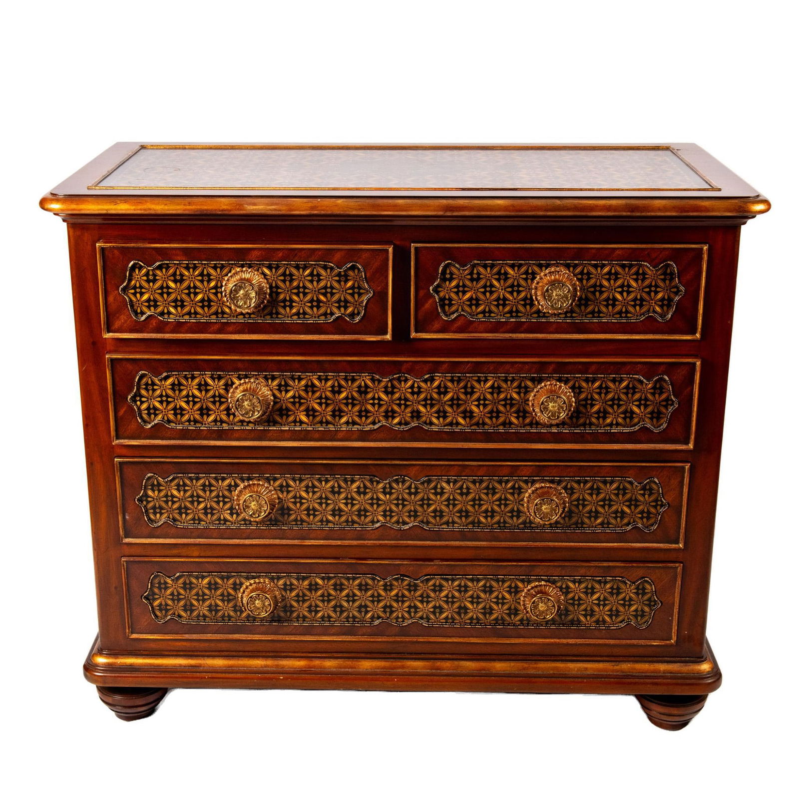 Maitland-Smith Rose Five-Drawer Chest: A beautiful wooden chest of drawers with brass floral handles. Features a floral parquetry pattern and a singular rose on the surface. Maitland-Smith brass plaque in top right drawer. Dimensions: 43&r