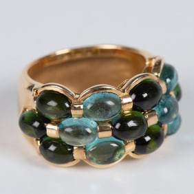 18K Yellow Gold, Cabochon Aquamarines Ring