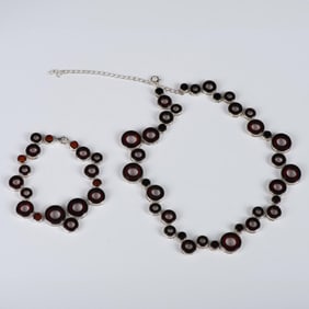 2pc Contemporary Sterling Silver Amber Necklace and Bracelet