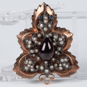 Antique Victorian 14K Gold Leaf Brooch Pendant w Pearls Ruby
