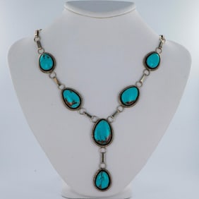 M. Begay Navajo Sterling Silver and Turquoise Drop Necklace