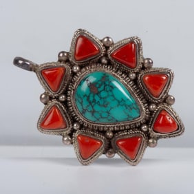 Tibetan Silver Coral and Turquoise Pendant