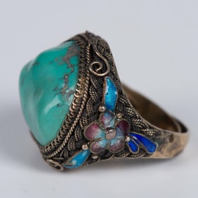 Antique Reticulated Export Silver Turquoise Ring
