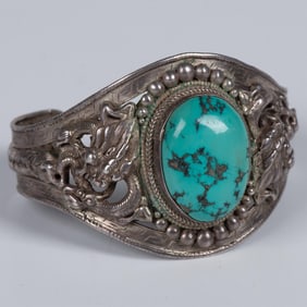 Antique Reticulated Export Silver Turquoise Bracelet